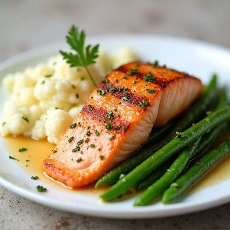 Seared Salmon with Garlic Green Beans and Cauliflower Mash
