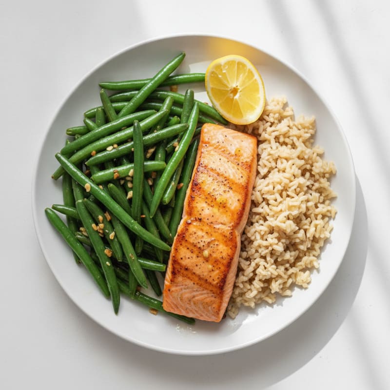 Seared Salmon with Garlic Green Beans and Brown Rice