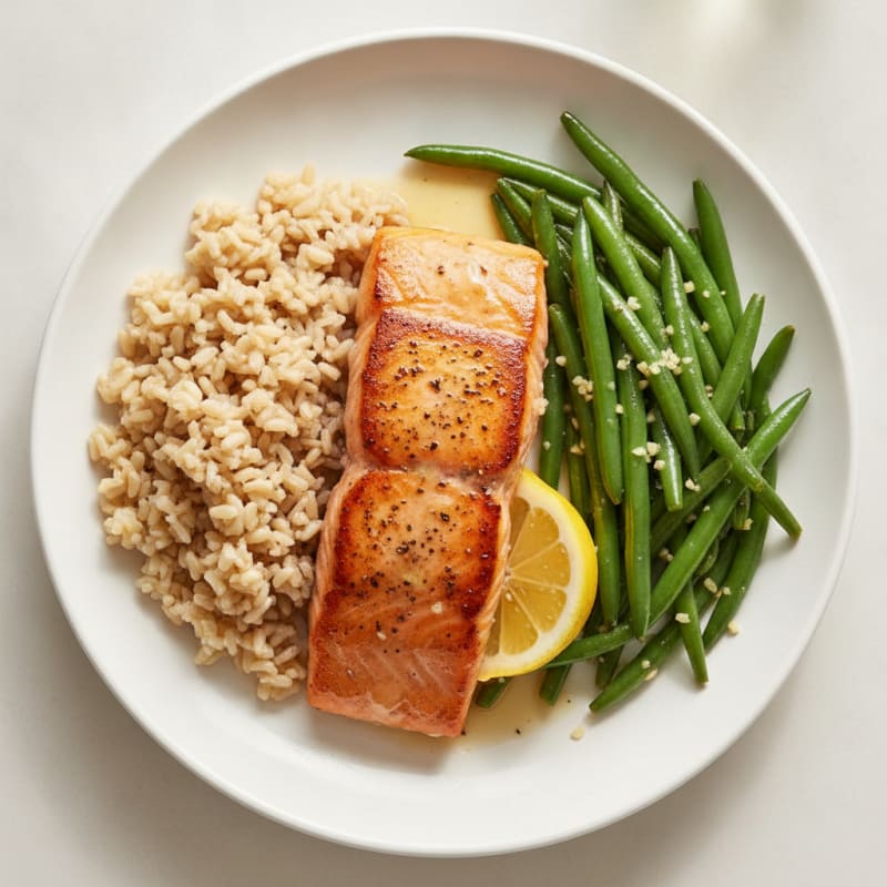 Seared Salmon with Garlic Green Beans and Brown Rice
