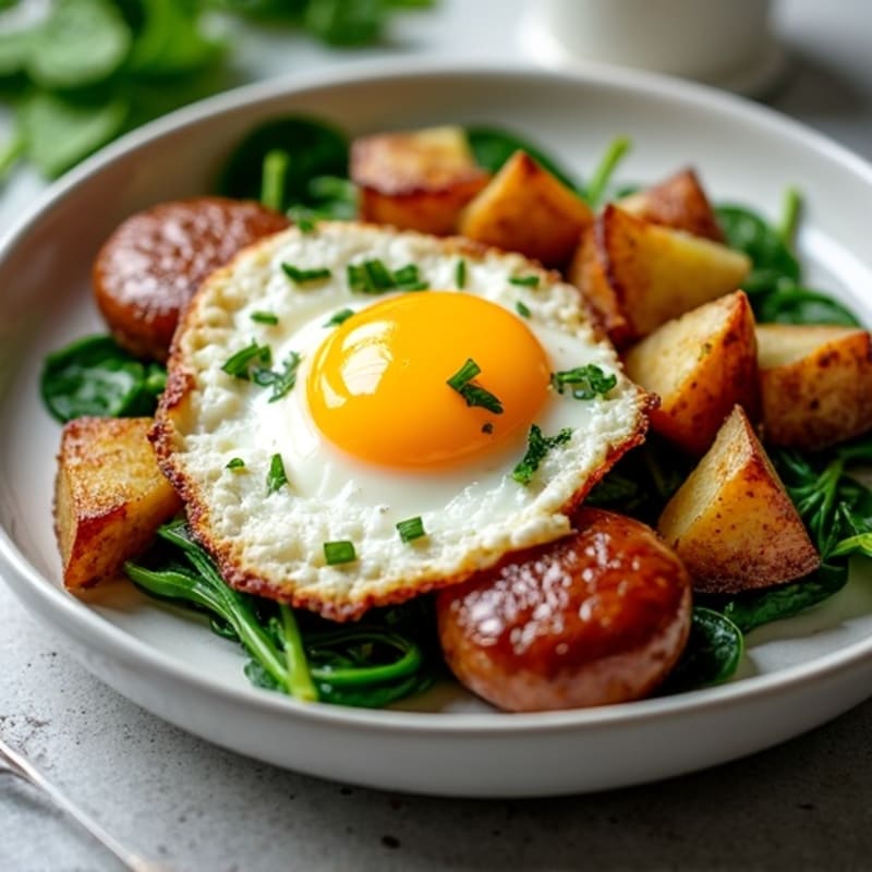 Savory Egg and Lean Turkey Sausage Skillet with Crispy Potatoes and Fresh Spinach