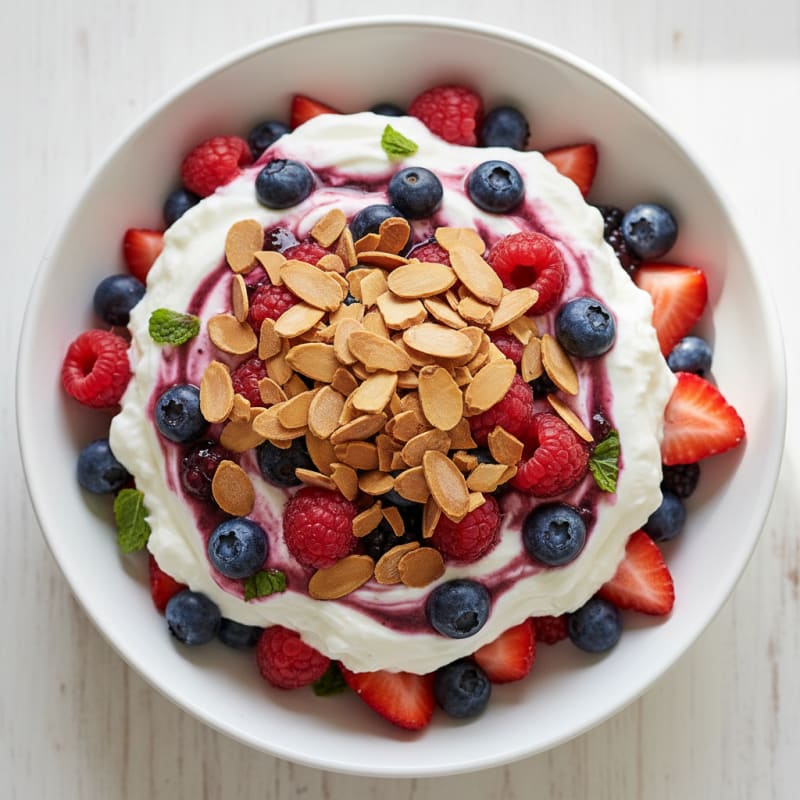 Greek Yogurt Protein Parfait with Mixed Berries and Almonds