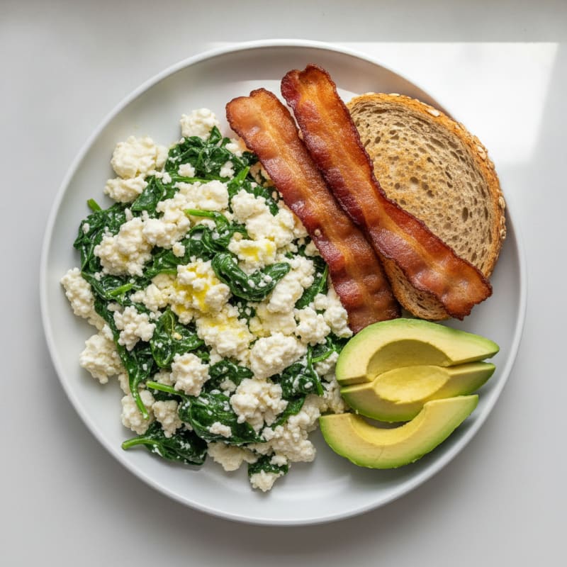 Egg White and Cottage Cheese Scramble with Sautéed Spinach and Turkey Bacon