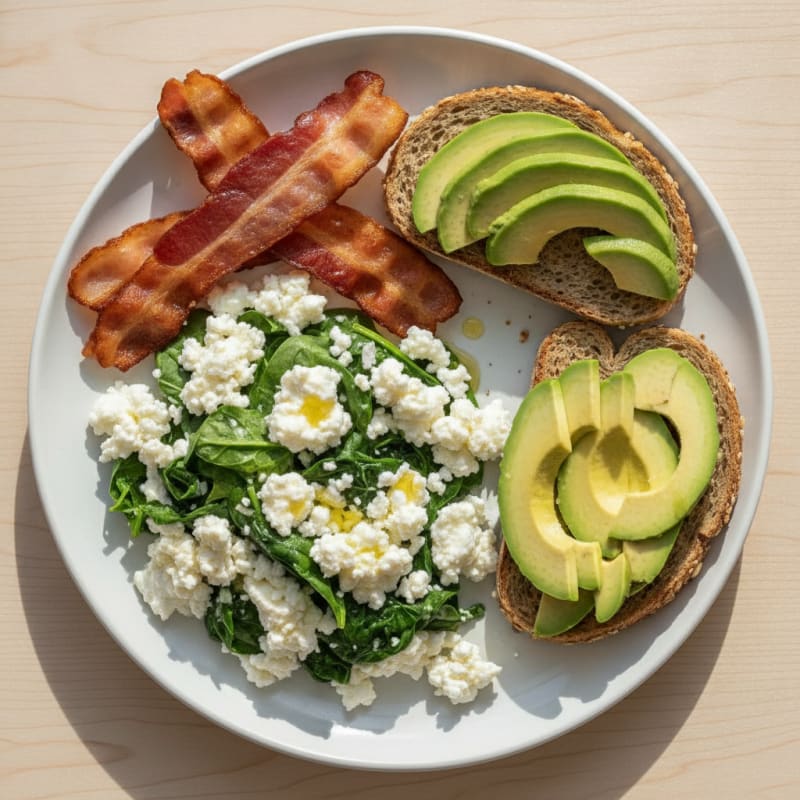 Egg White Spinach Scramble with Cottage Cheese and Turkey Bacon
