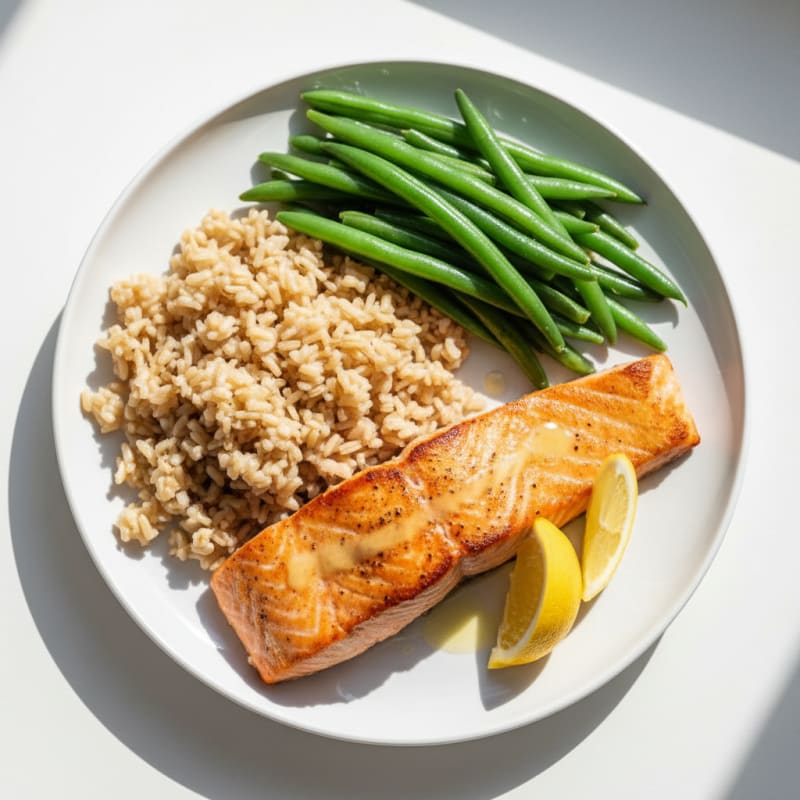 Seared Salmon with Steamed Green Beans and Brown Rice