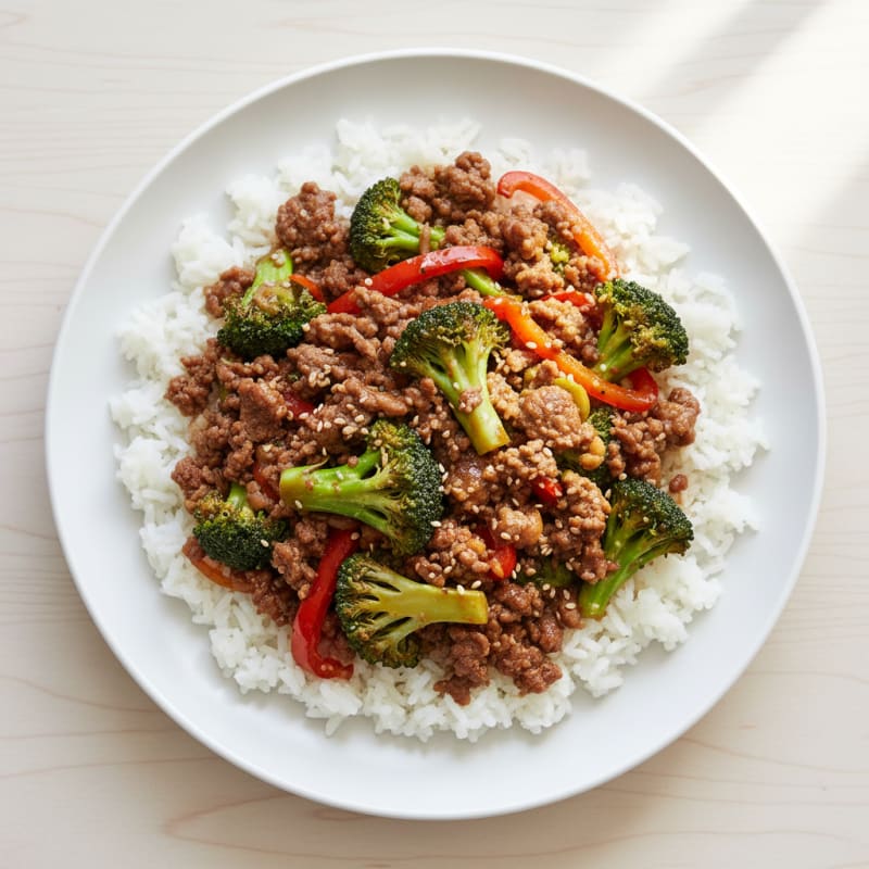 Ground Beef and Vegetable Stir-Fry with Steamed Rice