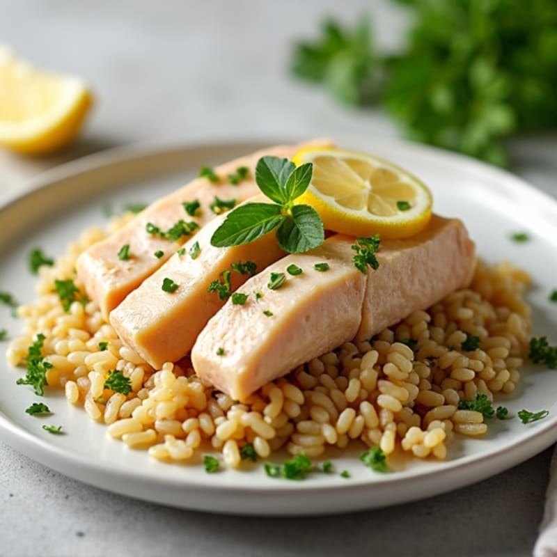 Lemon-Herb Flaked Tuna with Garlicky Brown Rice