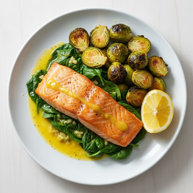 Seared Salmon Fillet with Roasted Brussels Sprouts and Spinach