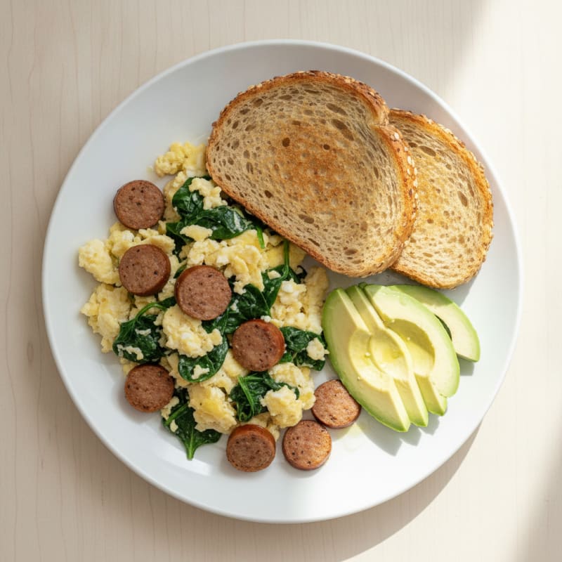 Egg White Spinach Scramble with Turkey Sausage