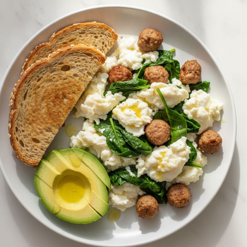 Egg White and Spinach Scramble with Turkey Sausage