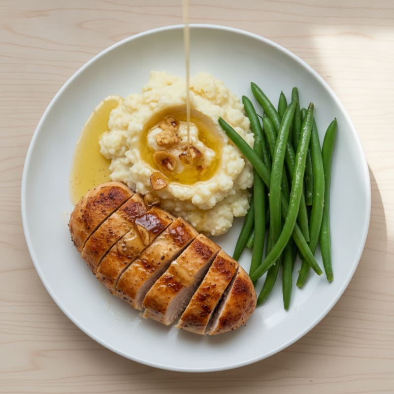 Seared Turkey Breast with Steamed Green Beans and Garlic Mashed Cauliflower