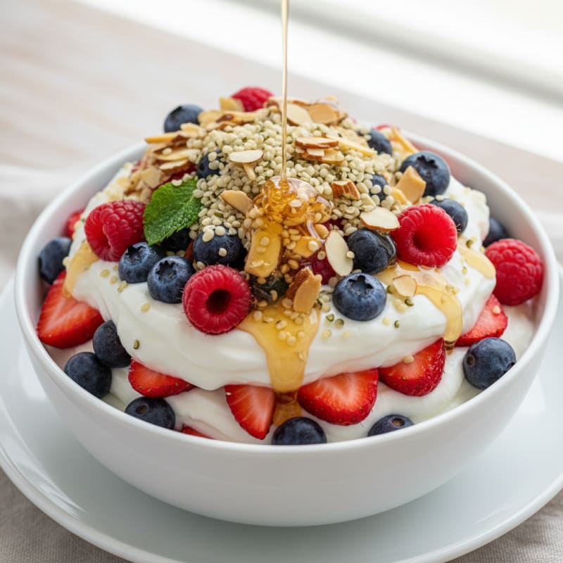 Creamy Greek Yogurt Parfait with Mixed Berries and Hemp Seeds