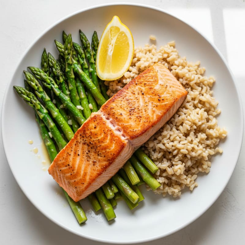 Seared Salmon with Lemon Garlic Asparagus and Brown Rice