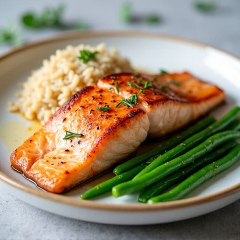 Seared Salmon with Steamed Green Beans and Brown Rice