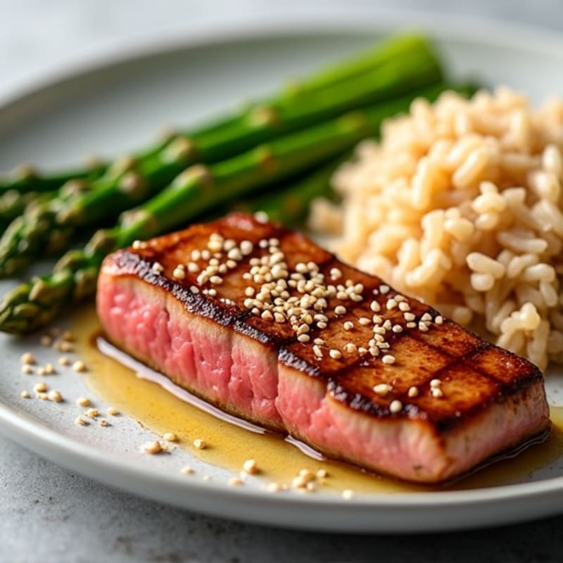 Seared Tuna Steak with Steamed Asparagus and Brown Rice