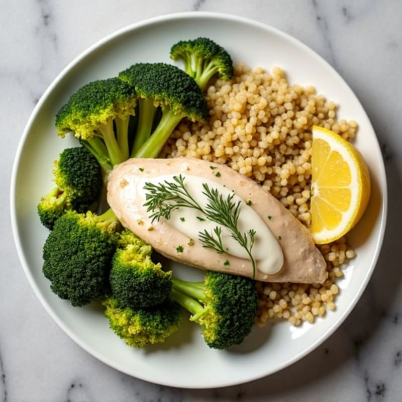 Creamy Lemon Herb Chicken with Roasted Broccoli and Quinoa