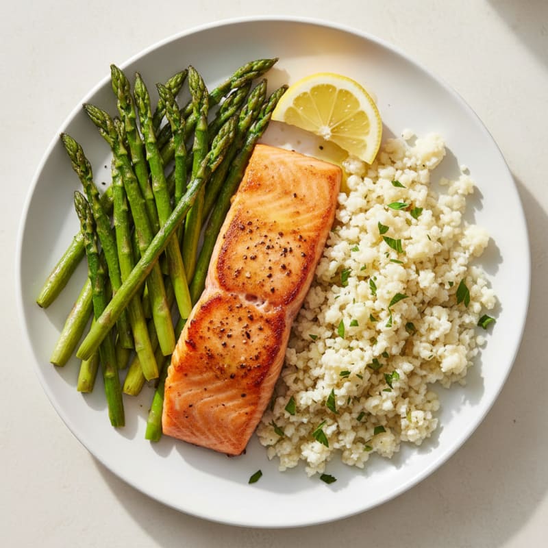 Seared Salmon with Roasted Asparagus and Cauliflower Rice
