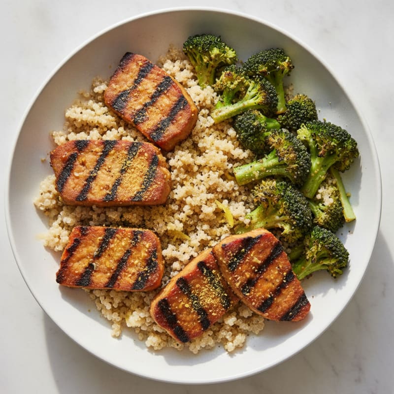 Grilled Tempeh and Quinoa Power Bowl with Roasted Broccoli
