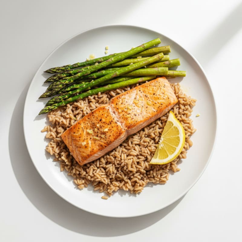 Seared Salmon Filet with Roasted Asparagus and Brown Rice