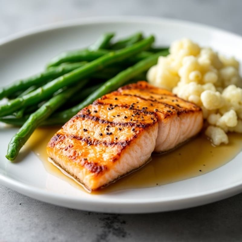 Seared Salmon with Steamed Green Beans and Garlic Mashed Cauliflower