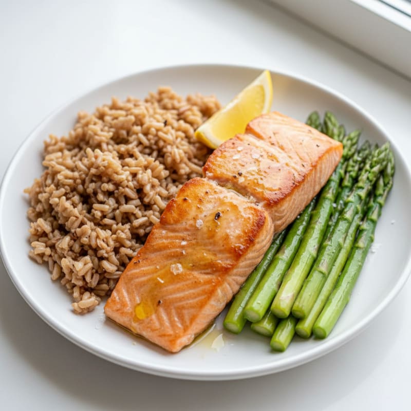 Seared Salmon with Steamed Asparagus and Brown Rice