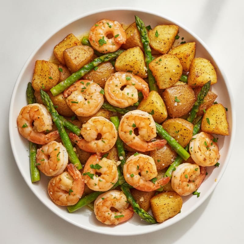 Garlic Shrimp with Roasted Asparagus and Potatoes
