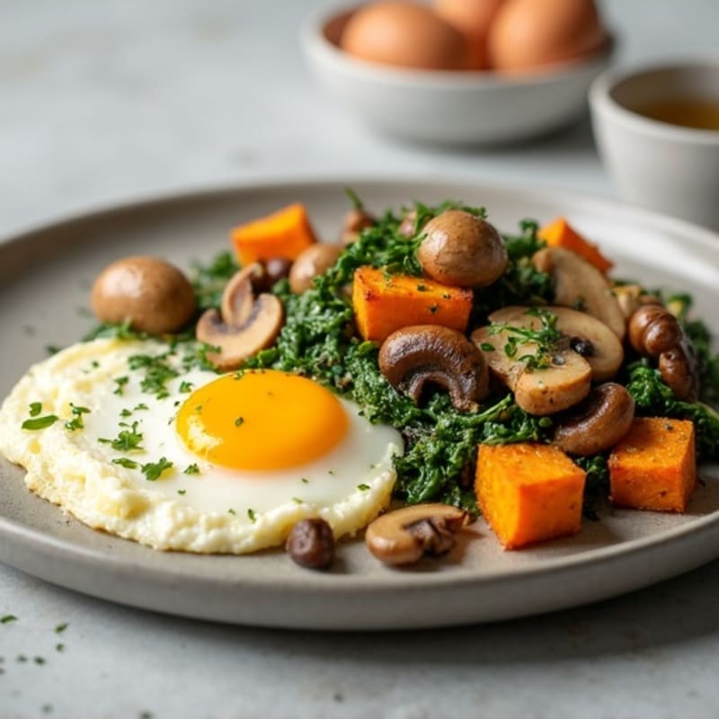 Egg and Spinach Scramble with Sautéed Mushrooms and Sweet Potato