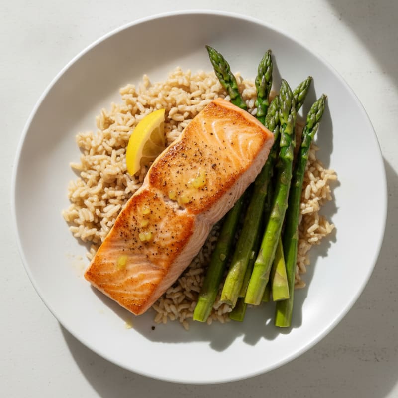 Seared Salmon with Steamed Asparagus and Brown Rice