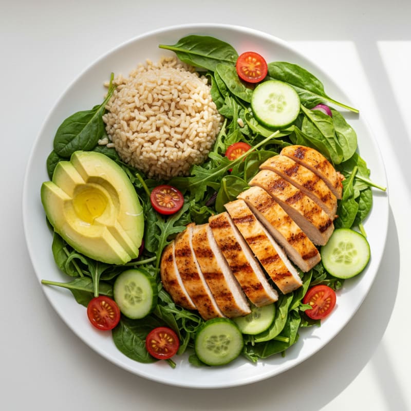 Grilled Chicken Salad with Cucumber, Tomato, and Brown Rice