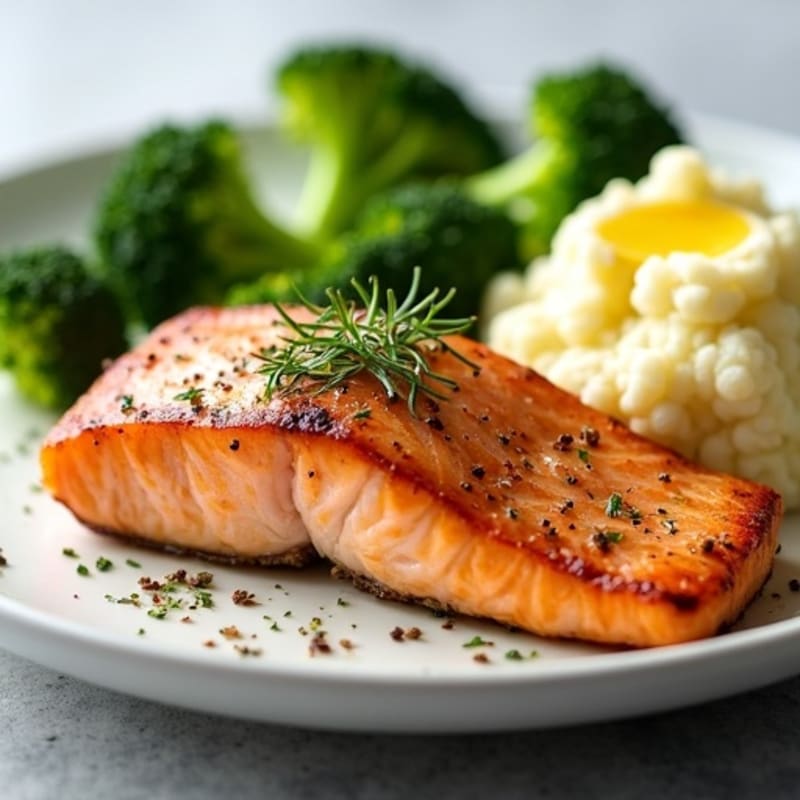 Seared Salmon Fillet with Steamed Broccoli and Garlic Mashed Cauliflower