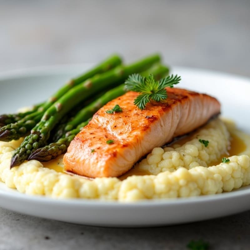 Seared Salmon with Steamed Asparagus and Cauliflower Mash