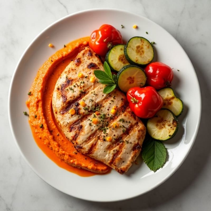Grilled Chicken and Roasted Vegetable Plate with Creamy Roasted Red Pepper Hummus