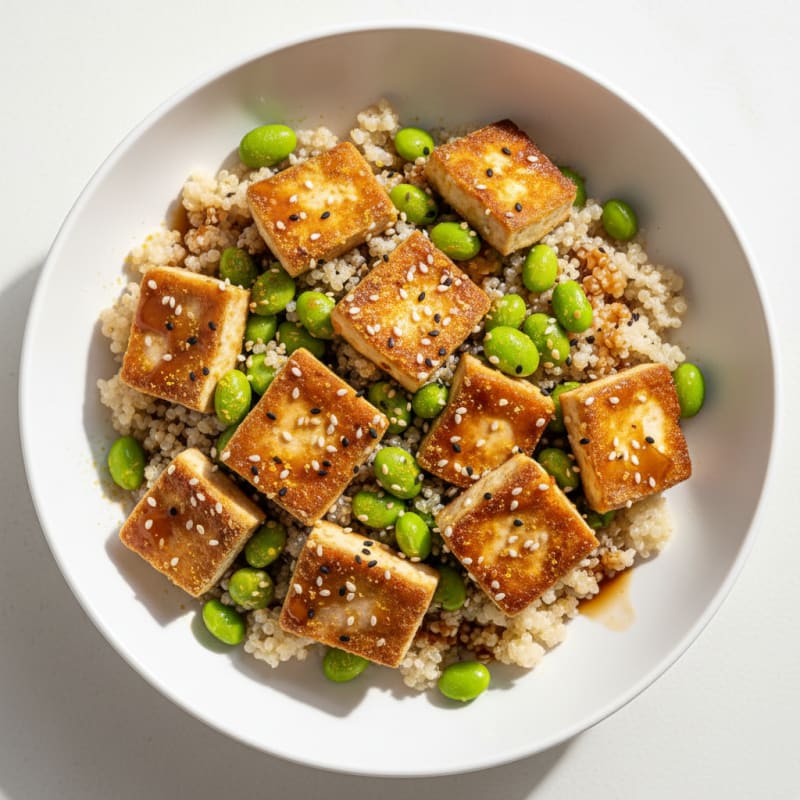 Crispy Tofu and Edamame Power Bowl with Quinoa