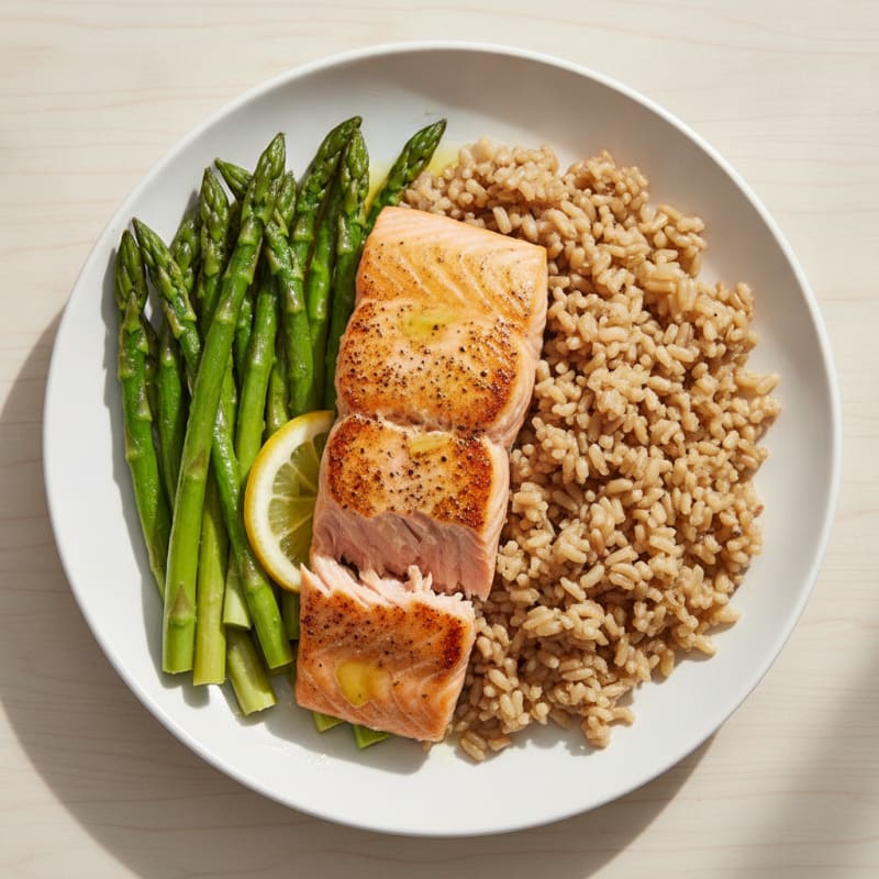 Seared Salmon with Steamed Asparagus and Brown Rice