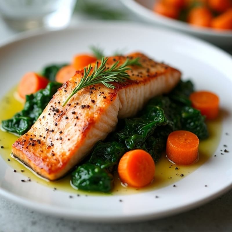 Seared Salmon Fillet with Garlic Sautéed Spinach and Roasted Carrots