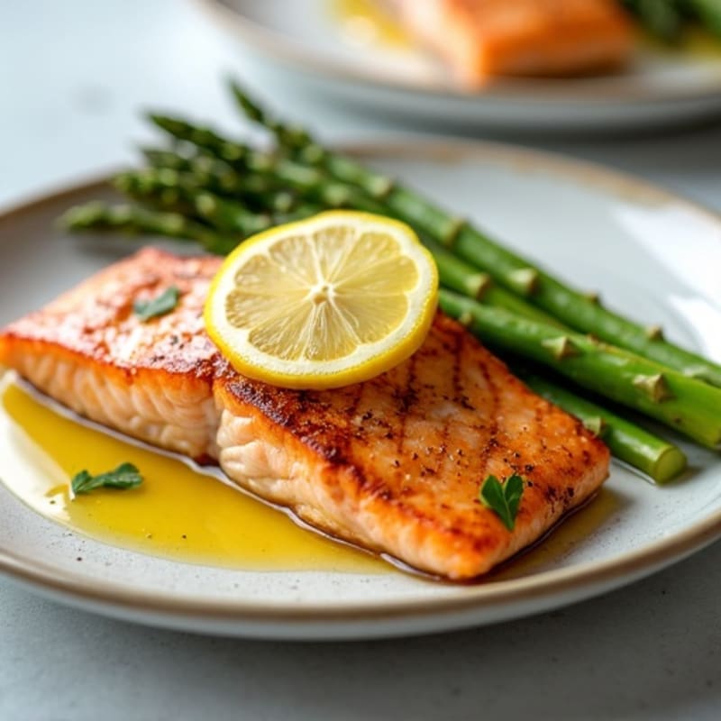 Seared Salmon Fillet with Roasted Asparagus and Lemon