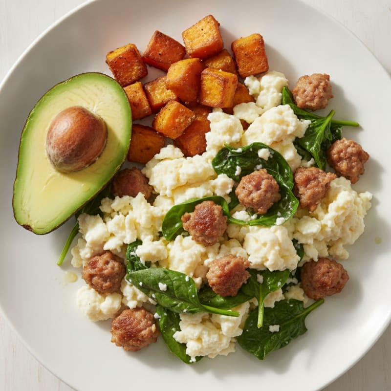 Egg White Scramble with Turkey Sausage and Spinach