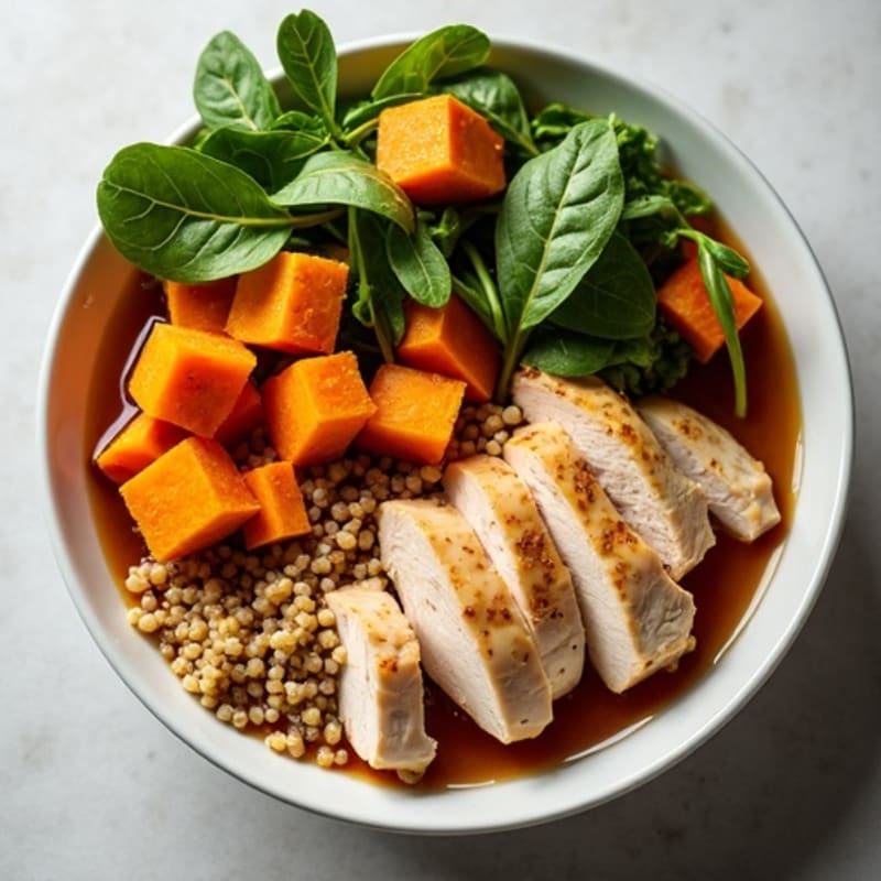 Brothy Chicken and Vegetable Bowl with Roasted Sweet Potato