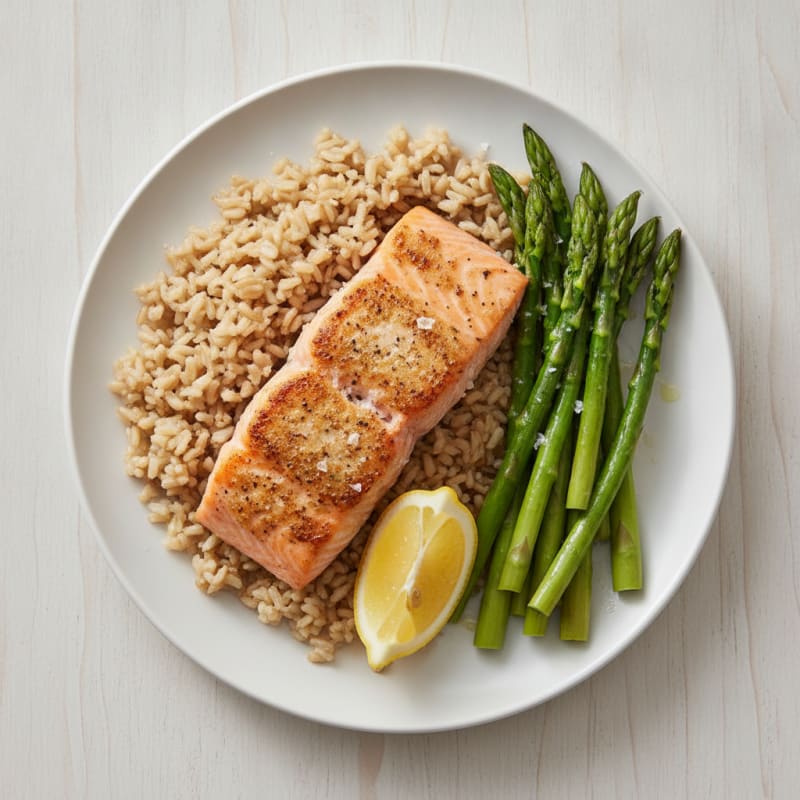 Seared Salmon with Steamed Asparagus and Brown Rice