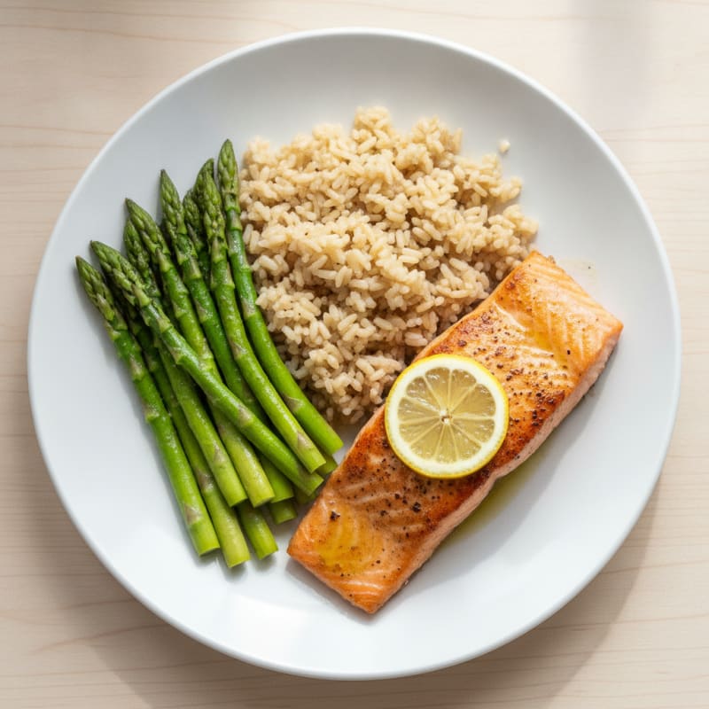 Seared Salmon with Steamed Asparagus and Brown Rice