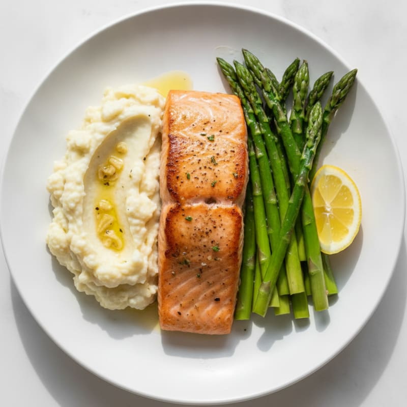 Seared Salmon with Steamed Asparagus and Garlic Mashed Cauliflower