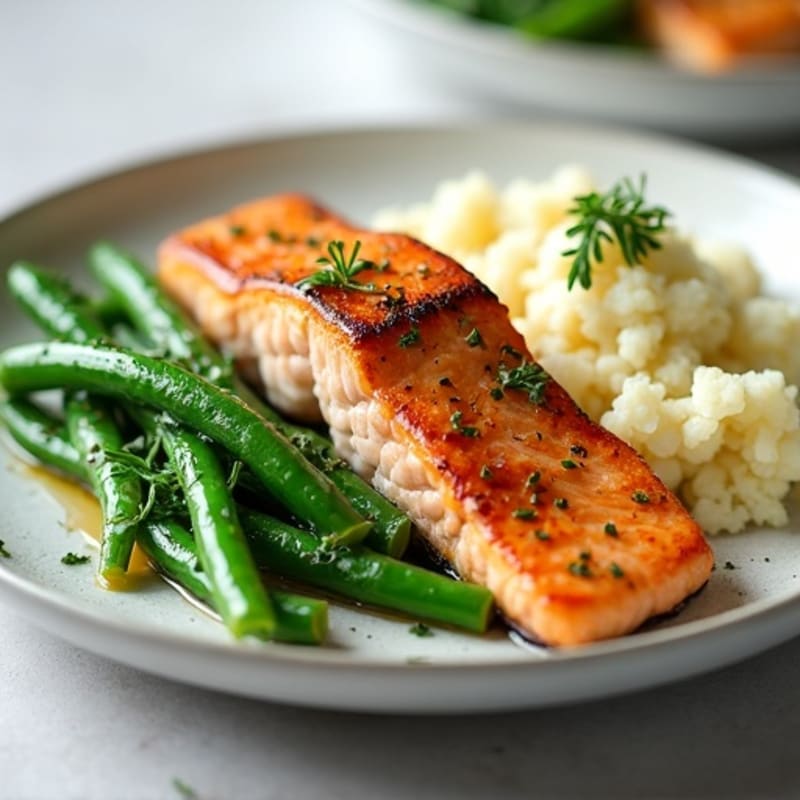 Seared Salmon with Garlic Green Beans and Cauliflower Mash