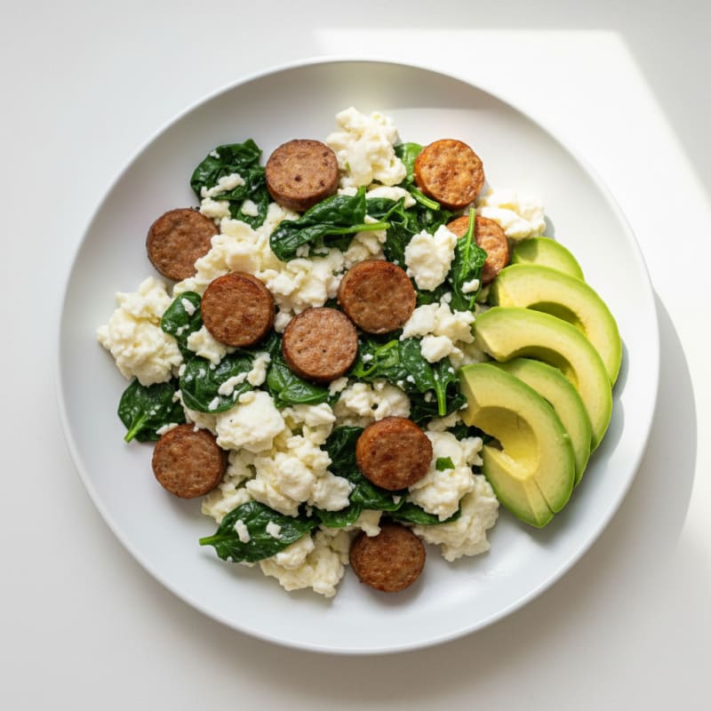 Egg White Spinach Scramble with Turkey Sausage and Sliced Avocado