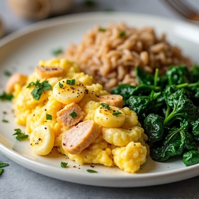 Egg White and Turkey Breast Scramble with Sautéed Spinach and Brown Rice