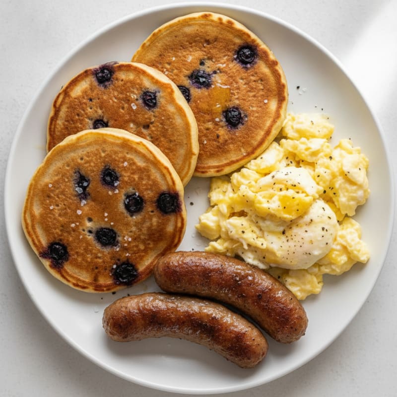 High-Protein Sausage, Egg, and Pancake Platter