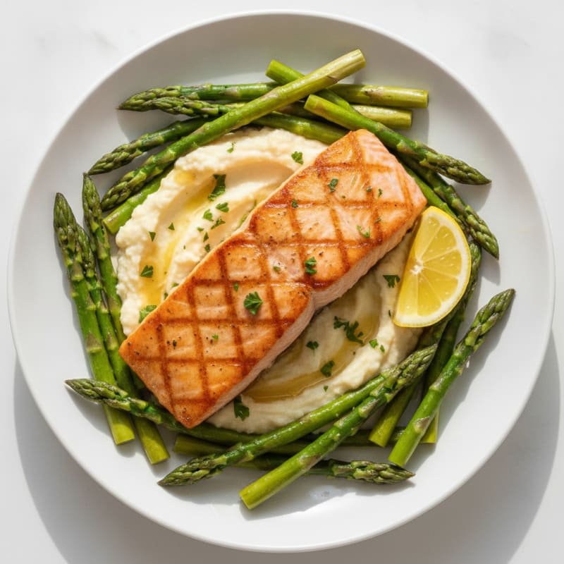 Seared Salmon with Steamed Asparagus and Cauliflower Mash