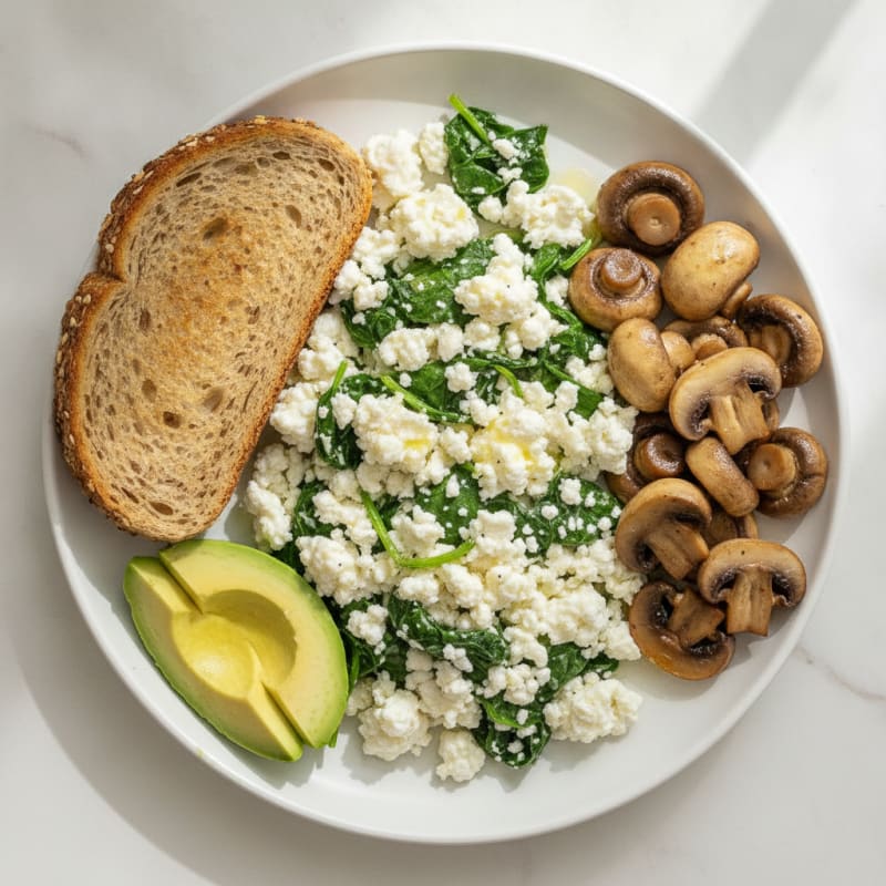 Cottage Cheese and Spinach Egg White Scramble with Sautéed Mushrooms