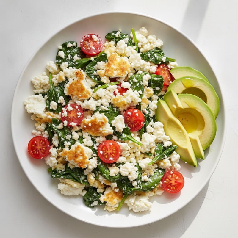 Egg White and Cottage Cheese Scramble with Spinach and Cherry Tomatoes