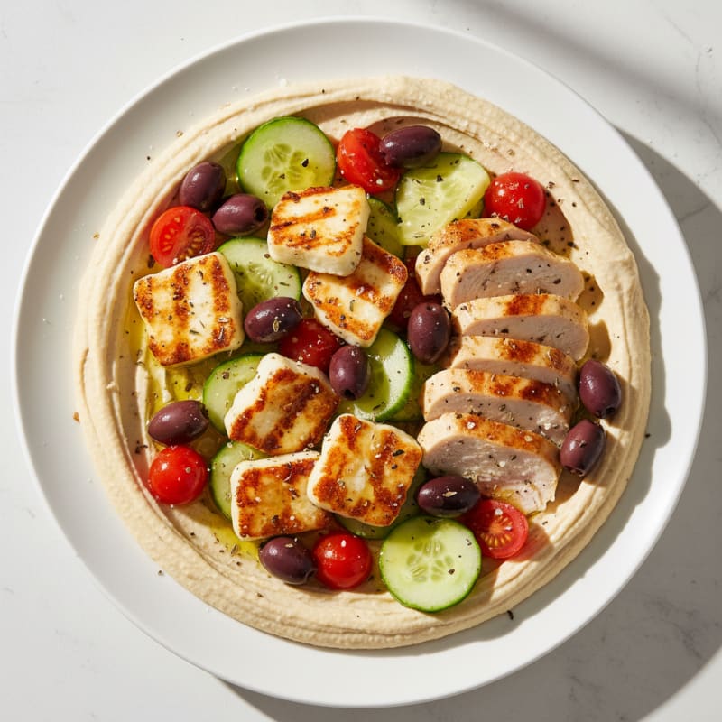 Hummus Platter with Grilled Halloumi and Olives