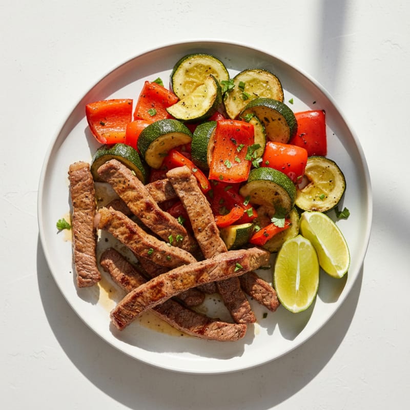 Seared Lean Beef Strips with Roasted Zucchini and Bell Peppers