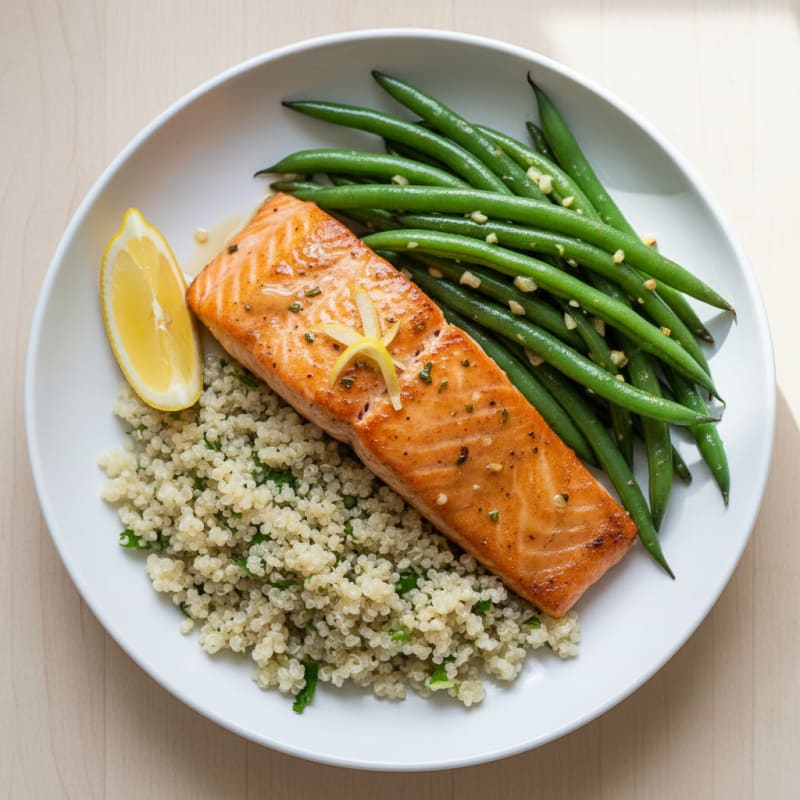 Seared Salmon with Quinoa and Garlic Green Beans